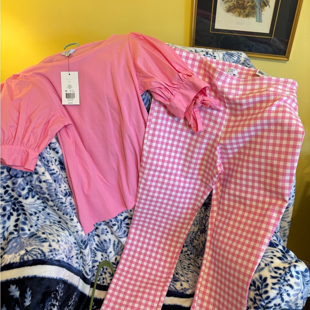 Crown & Ivy Pink Ribbed Crewneck Top and coordinating gingham pants/sold as set